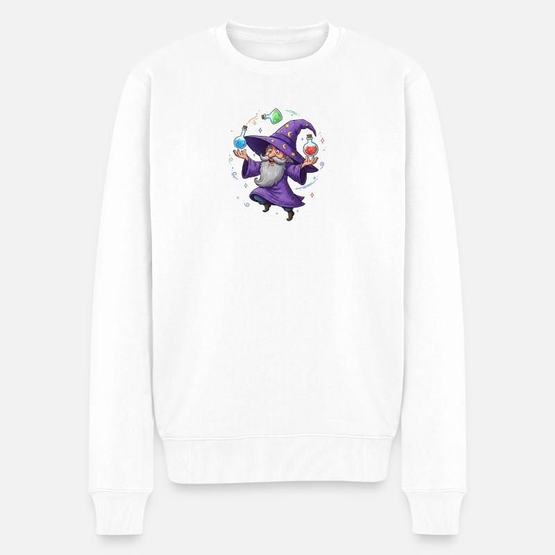 Un magicien en cape violette avec un élixir - Pull Premium bio Homme - blanc
