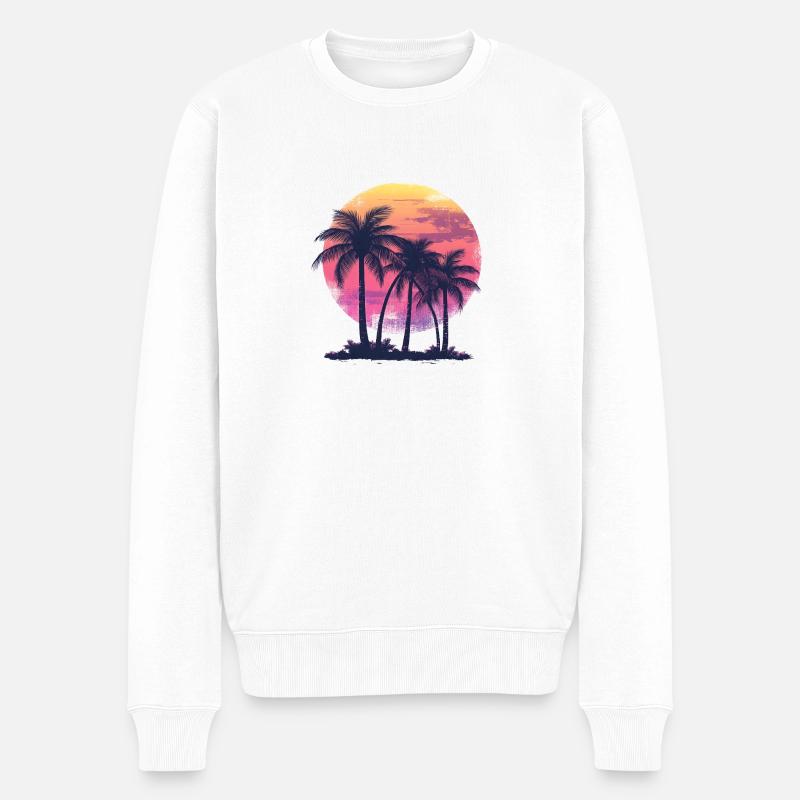 Retro Sonnenuntergang mit Palmen - Männer Premium Bio Pullover - Weiß