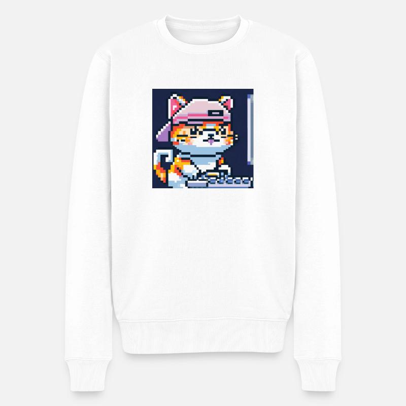 Chat mignon avec une casquette de baseball jouant à des jeux informatiques - Pull Premium bio Homme - blanc