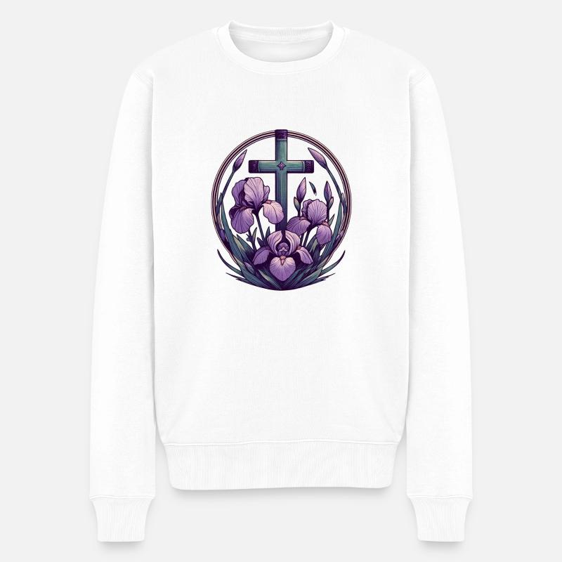 Christliches Kreuz Lila Iris - Männer Premium Bio Pullover - Weiß