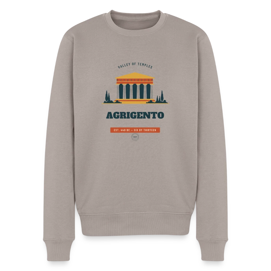 Agrigento badge on a men's premium organic jumper, taupe, front