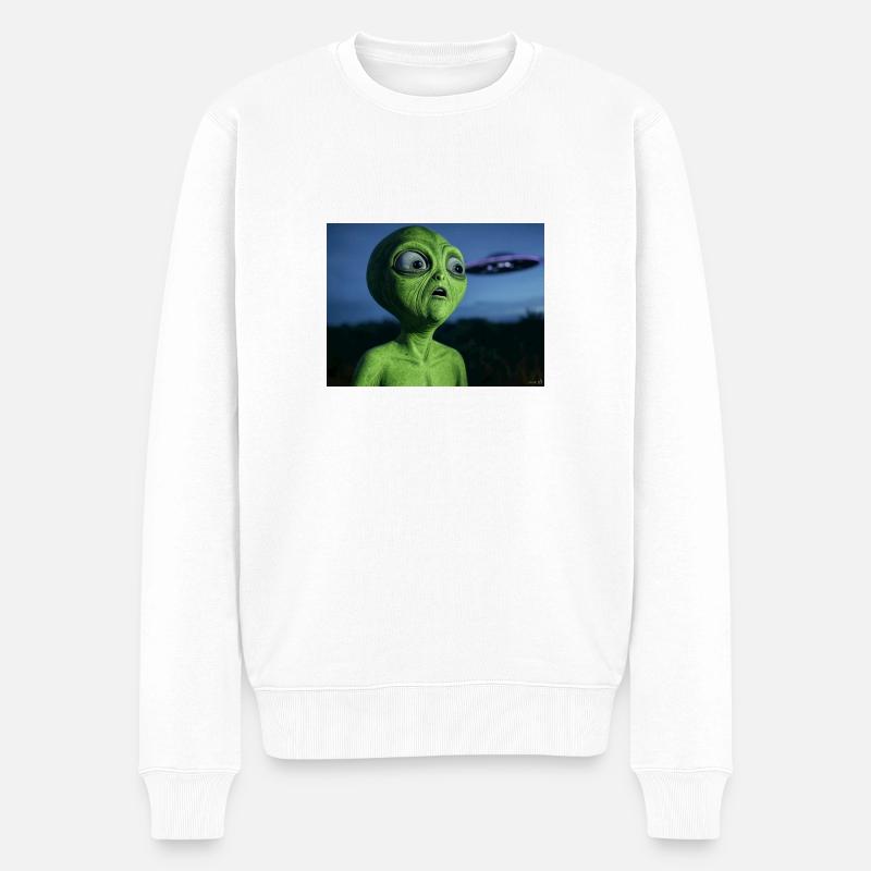 Grüner Alien Blickfang UFO - Männer Premium Bio Pullover - Weiß
