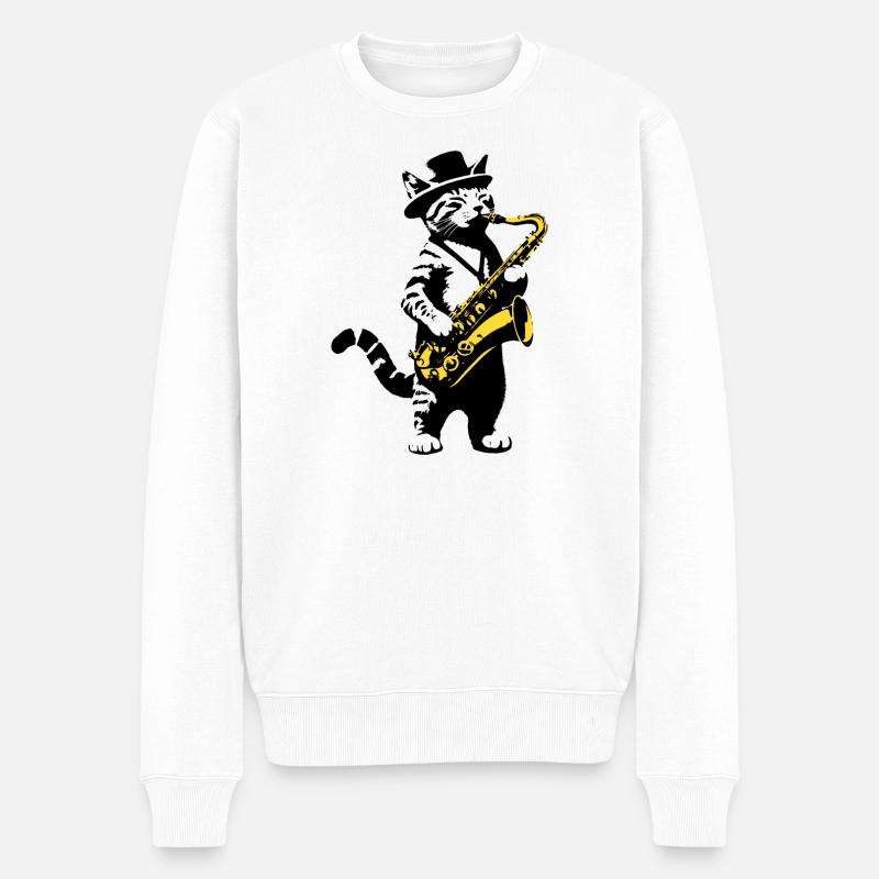 Katze Saxophon Musik Streetart Schablonen Stil - Männer Premium Bio Pullover - Weiß