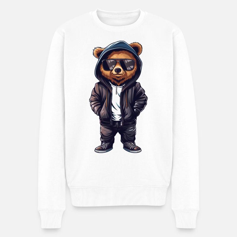 Cooles Teddybär T-Shirt, Lederjacke, Sonnenbrille - Männer Premium Bio Pullover - Weiß