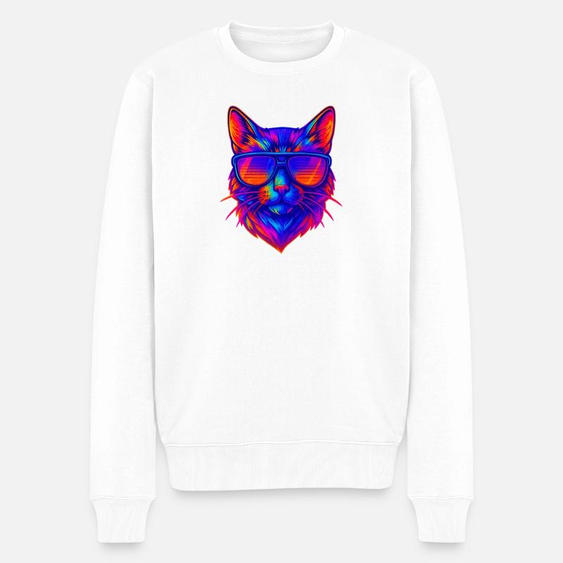 Lebendige Neonkatze mit Sonnenbrille - Männer Premium Bio Pullover - Weiß
