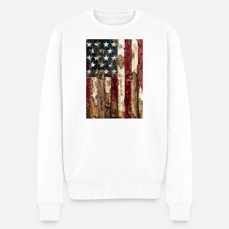 Rustikale Wandkunst mit amerikanischer Flagge - Männer Premium Bio Pullover - Weiß