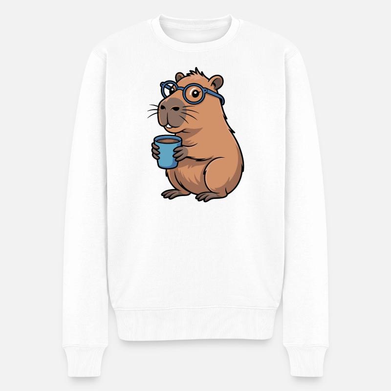 Kaffeetrinkender Capybara mit Brille - Männer Premium Bio Pullover - Weiß