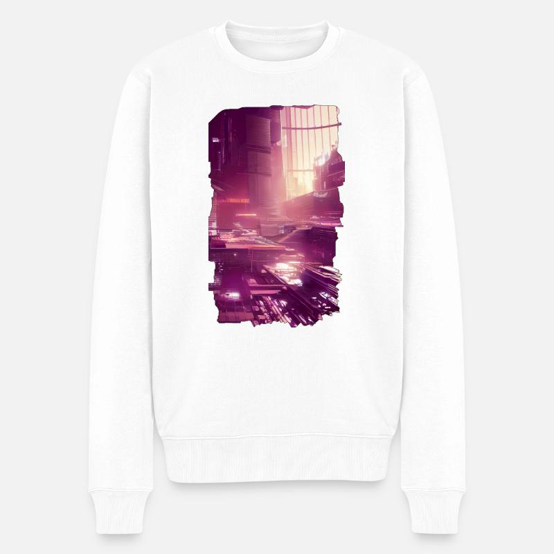 Lila futuristische Stadt - Männer Premium Bio Pullover - Weiß