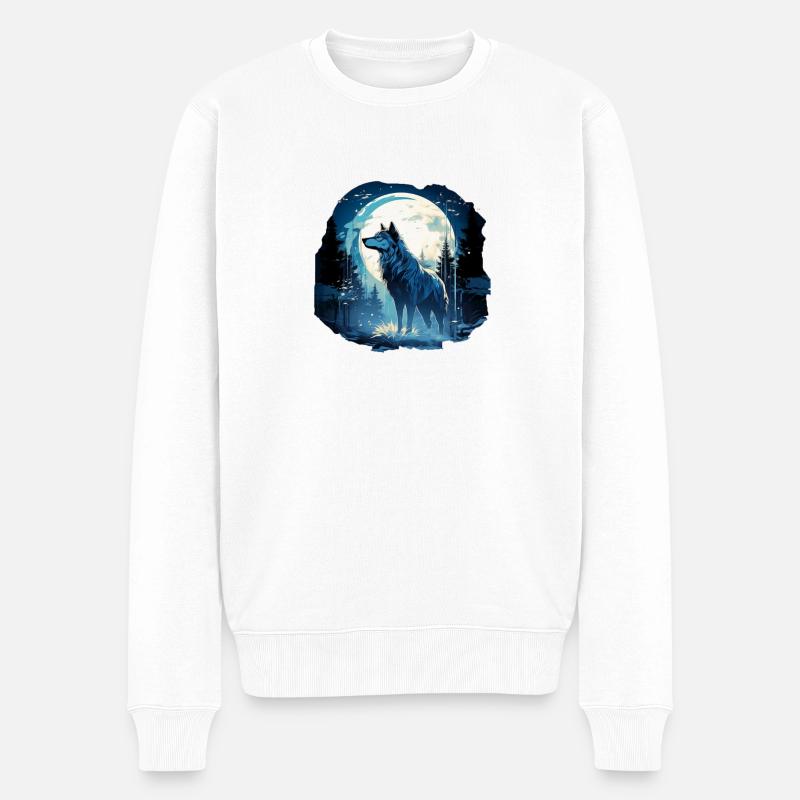 Mystischer Wolf vor Vollmond - Männer Premium Bio Pullover - Weiß