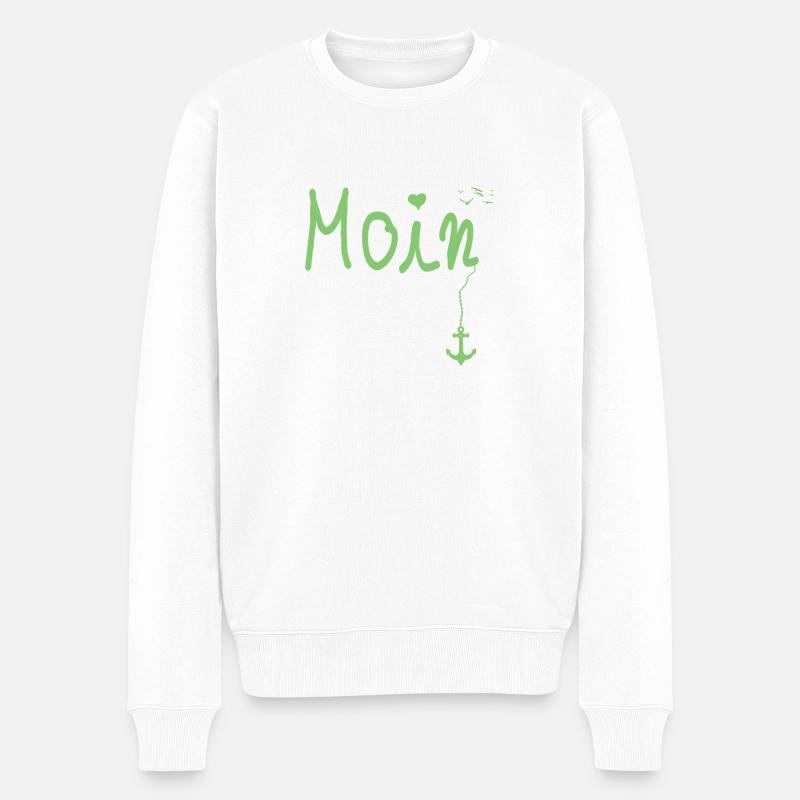 Moin Begruessung Moin mit Moewe in Gruen - Männer Premium Bio Pullover - Weiß