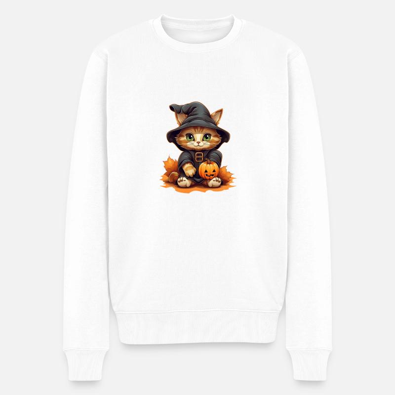 Halloween Katze Cartoon - Männer Premium Bio Pullover - Weiß
