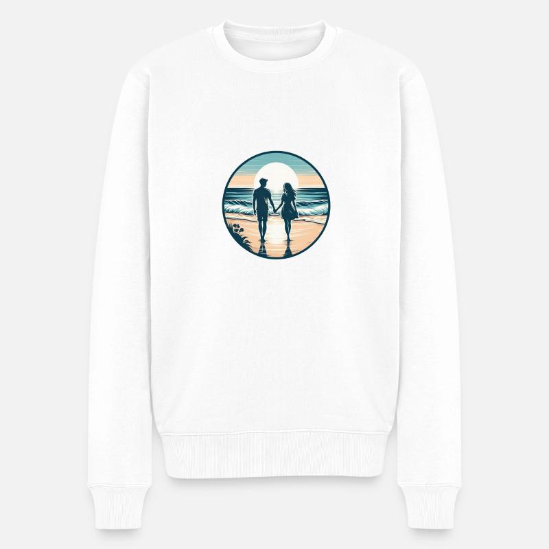 Beachside Bliss : Promenade romantique sur la plage - Pull Premium bio Homme - blanc