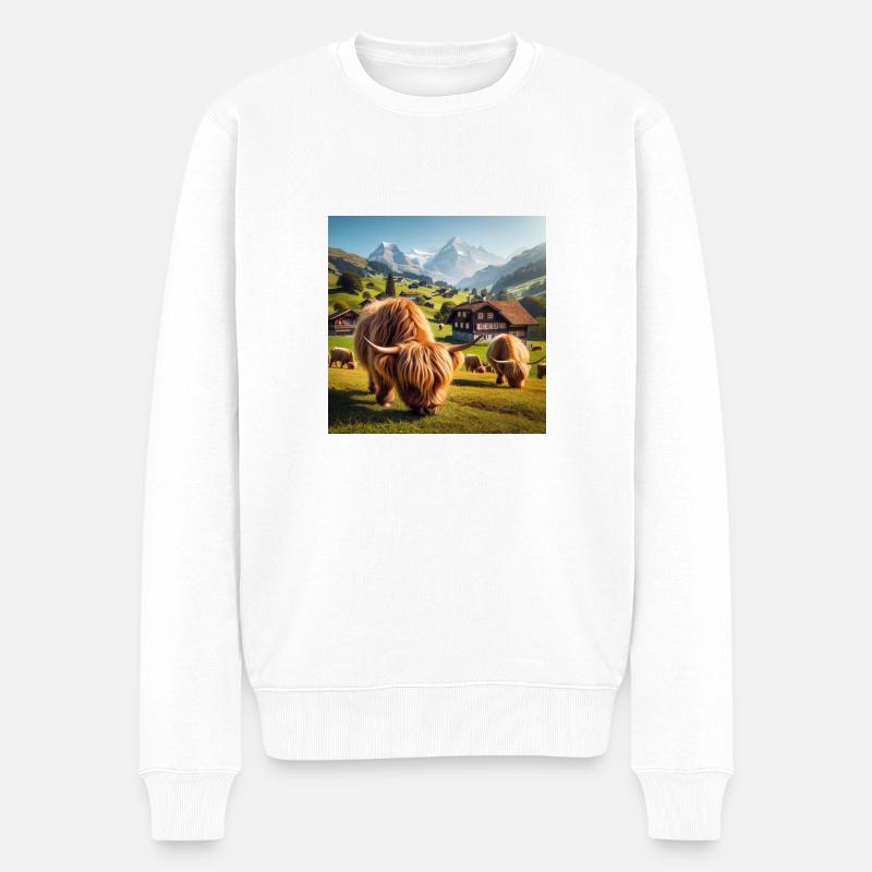 Fluffy Highland cattle grazing - Männer Premium Bio Pullover - Weiß