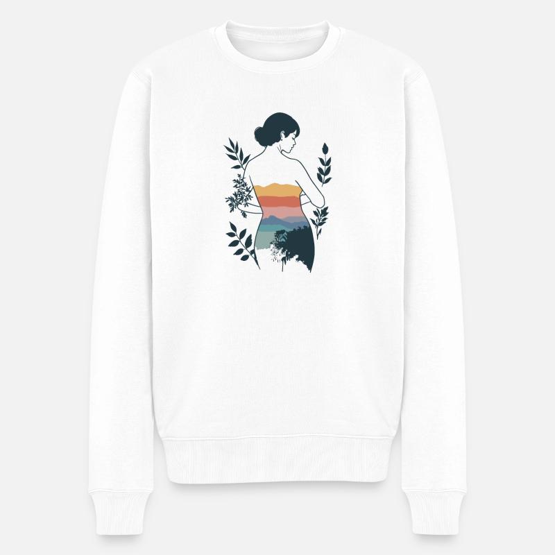Frau mit Berglandschaft und Natur - Männer Premium Bio Pullover - Weiß