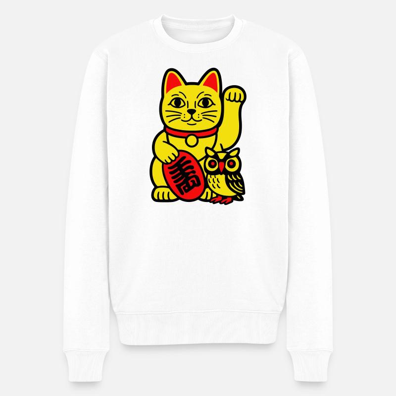Chat chanceux avec petit hibou - Pull Premium bio Homme - blanc