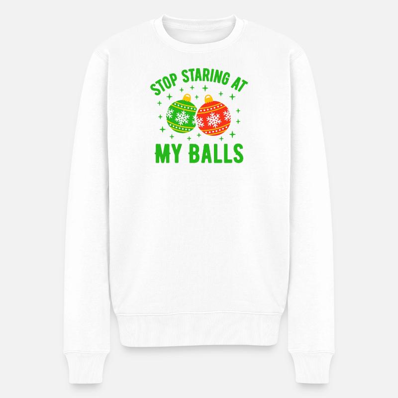 Hör auf, meine Eier anzustarren - Männer Premium Bio Pullover - Weiß