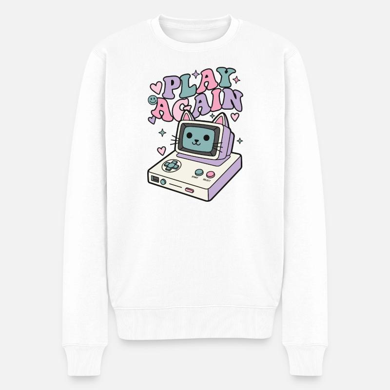 Play Again Katze Retro - Männer Premium Bio Pullover - Weiß