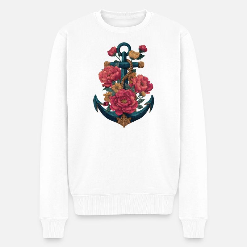 Anker mit Blumen Rosen - Männer Premium Bio Pullover - Weiß