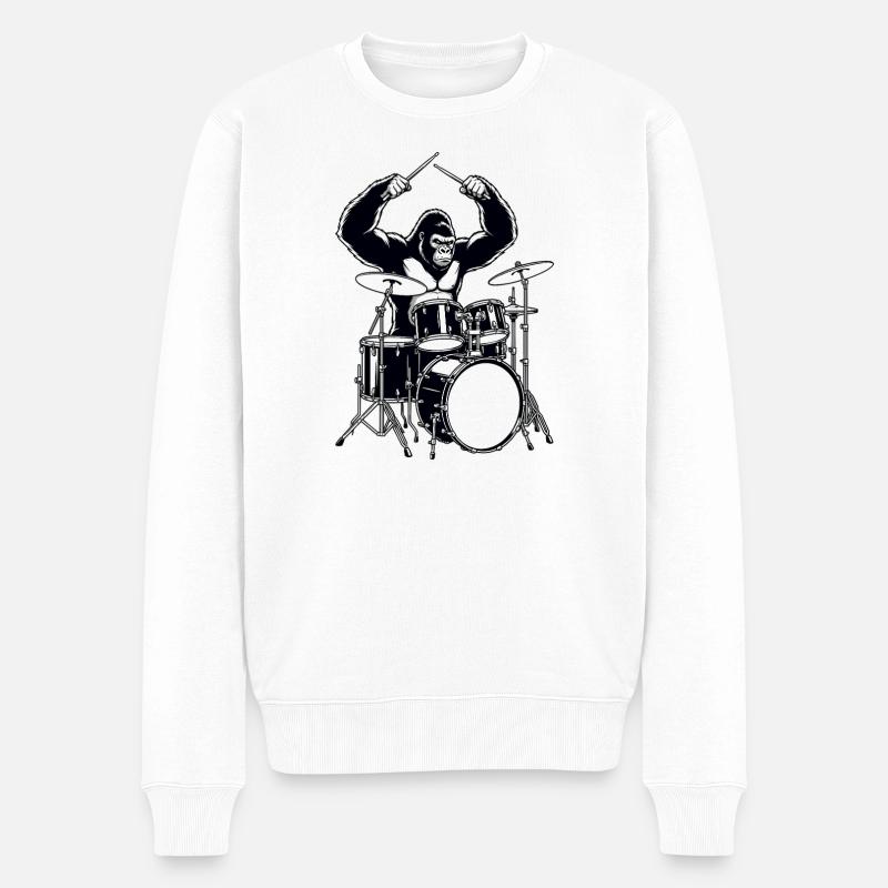 Drummer Gorilla - Schlagzeug - Männer Premium Bio Pullover - Weiß