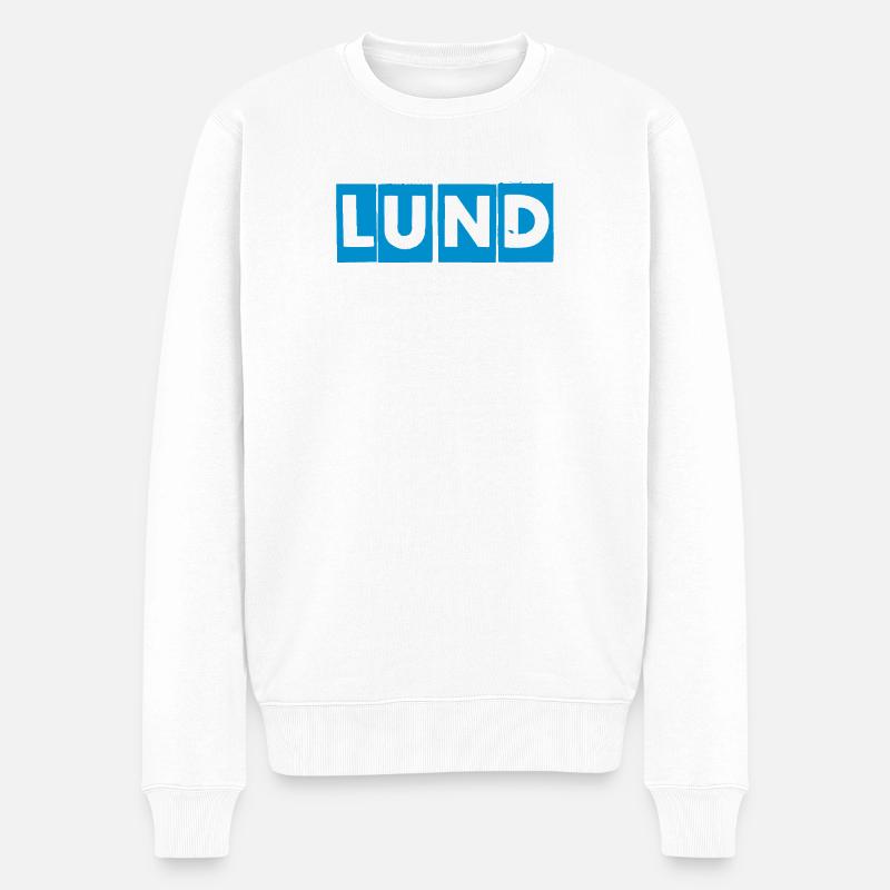 Lund – Conception de texte bleu - Pull Premium bio Homme - blanc