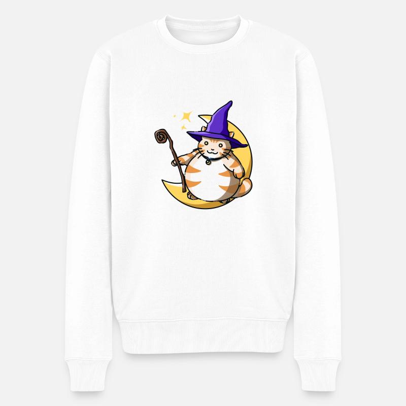 Orange Katze Cat Hexe Witch Halloween Kawaii Mond - Männer Premium Bio Pullover - Weiß