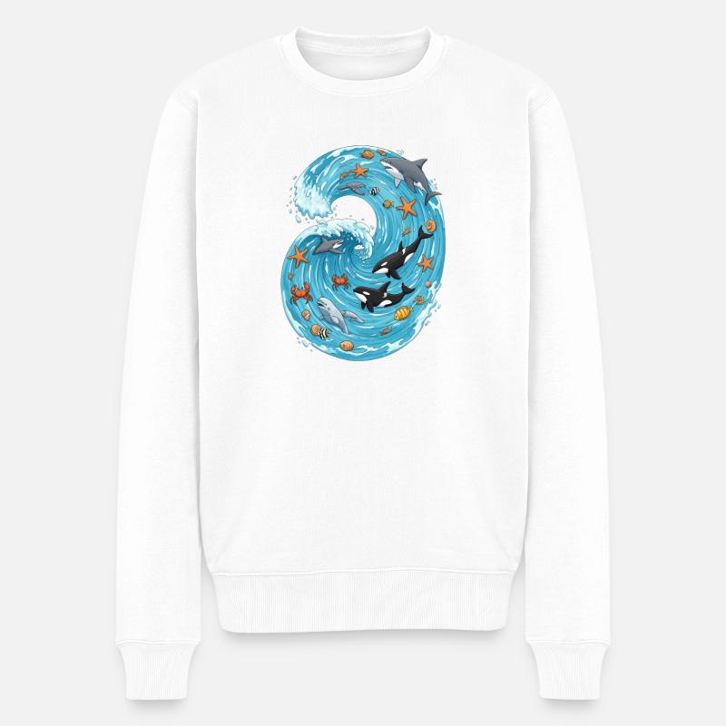 Vague de mer avec des créatures marines - Pull Premium bio Homme - blanc