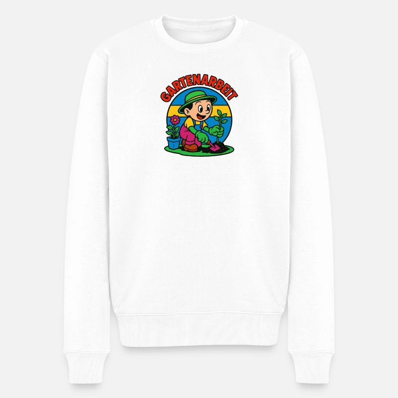 Gartenarbeit Cartoon mit Pflanze - Männer Premium Bio Pullover - Weiß