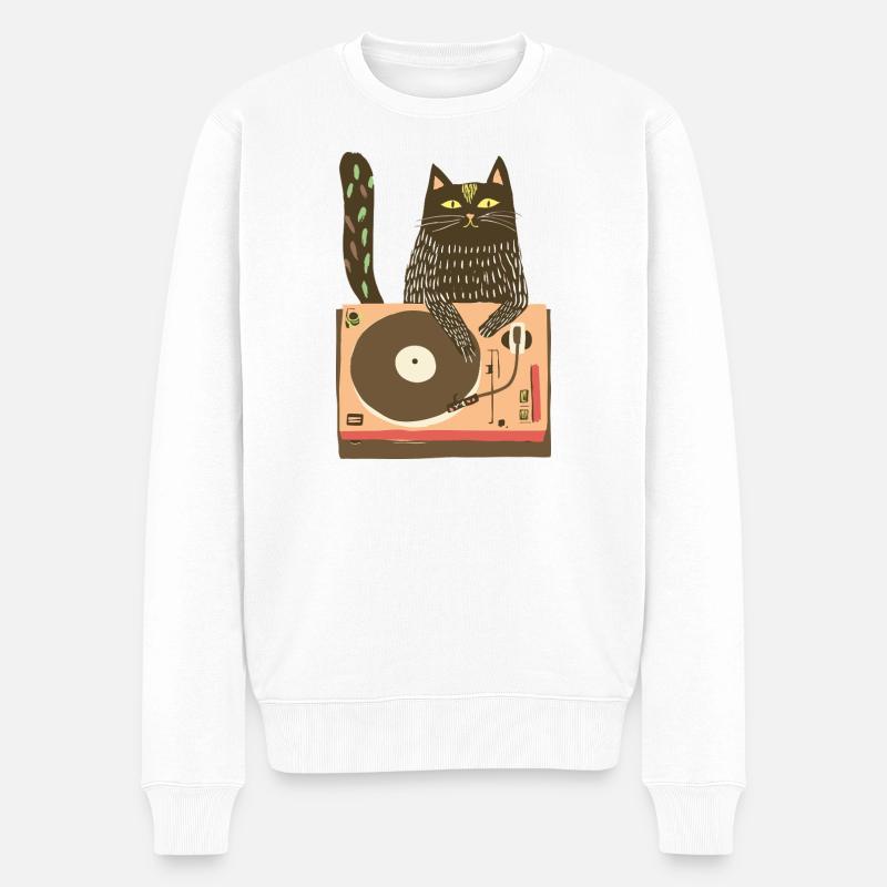 Katzen-DJ auf Vinyl-Plattenteller - Männer Premium Bio Pullover - Weiß