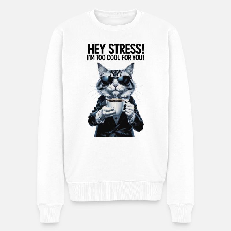 Stressfreie Katze mit Kaffee - Männer Premium Bio Pullover - Weiß