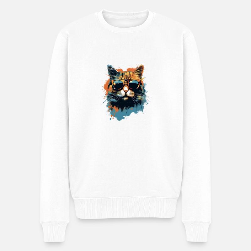 Katze mit Sonnenbrille - Männer Premium Bio Pullover - Weiß
