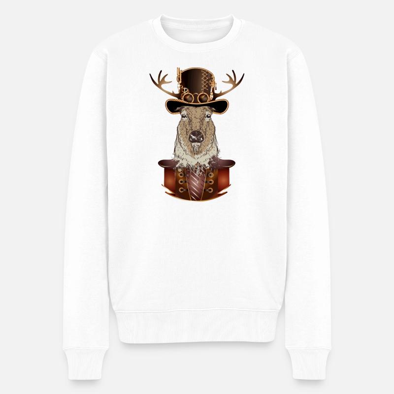 Cerf steampunk avec chapeau cylindre antique - Pull Premium bio Homme - blanc