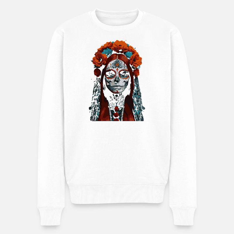 Zuckerschädel Königin Blumenkrone - Männer Premium Bio Pullover - Weiß