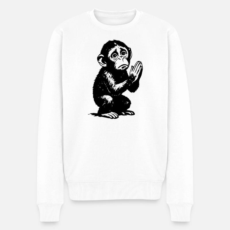 Betender Affe Schwarzweiß Illustration - Männer Premium Bio Pullover - Weiß