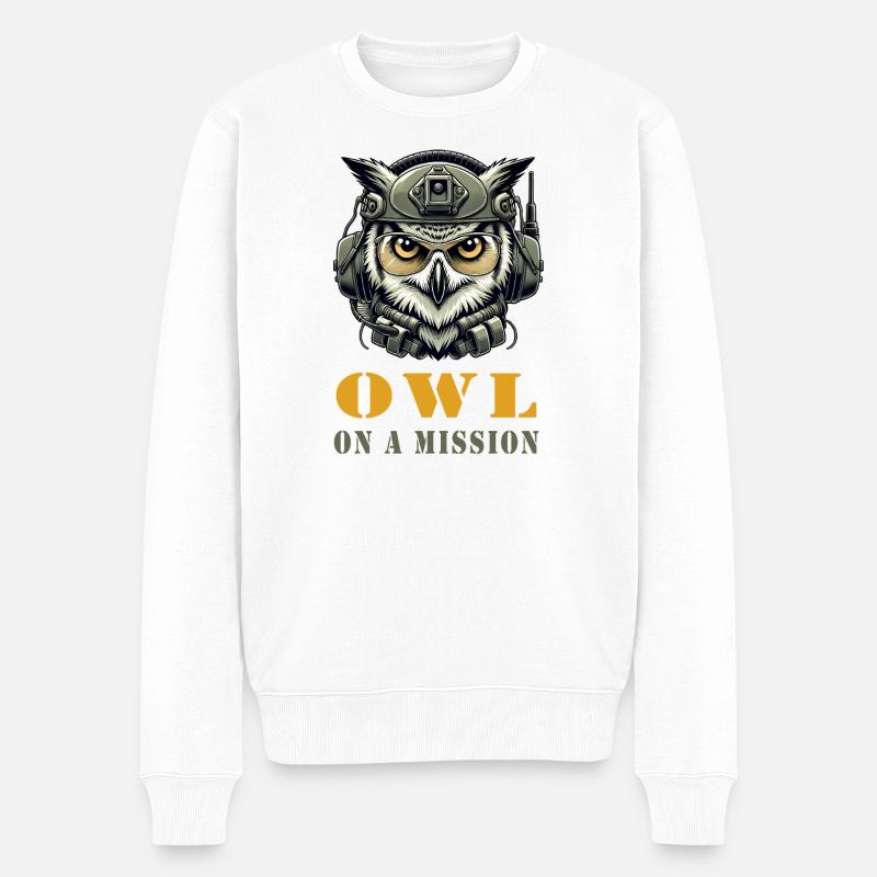 Eule auf Mission - Männer Premium Bio Pullover - Weiß