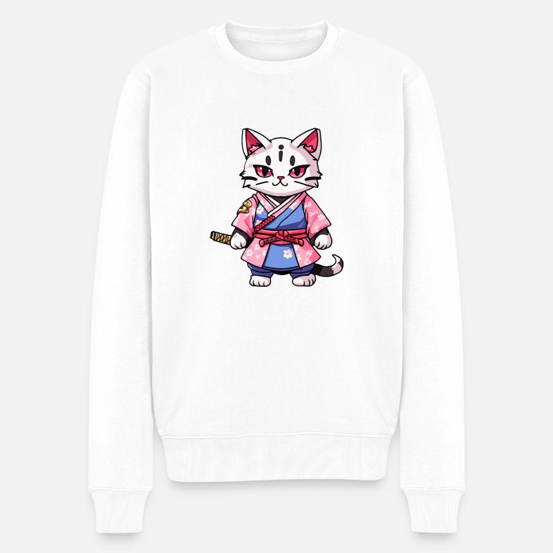 Samurai Katze & Kirschblüten #14 - Männer Premium Bio Pullover - Weiß