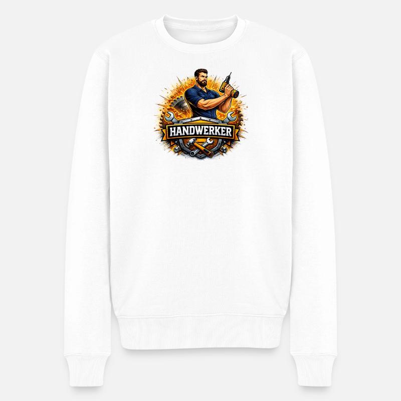 Handwerker Logo – Comic Style mit Bohrer - Männer Premium Bio Pullover - Weiß