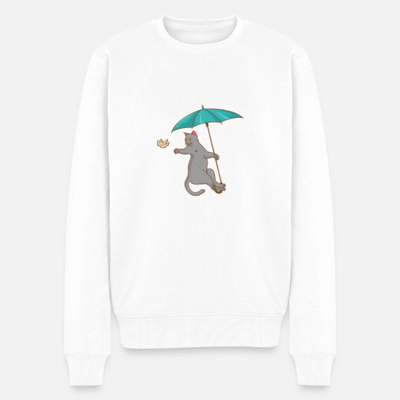 Katze mit Schirm - Vogel - Kätzchen - Geschenk - Männer Premium Bio Pullover - Weiß