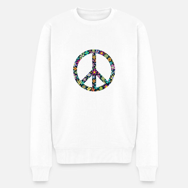 Peacezeichen, blumen, 70iger, hippie, frieden, - Männer Premium Bio Pullover - Weiß