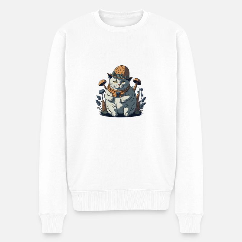 Fette Cottagecore-Katze mit Pilzhut - Männer Premium Bio Pullover - Weiß