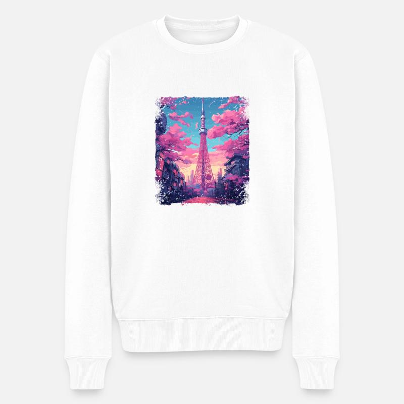 Vaporwave Ästhetischer Skytree Tokyo Japanischer Anblick - Männer Premium Bio Pullover - Weiß
