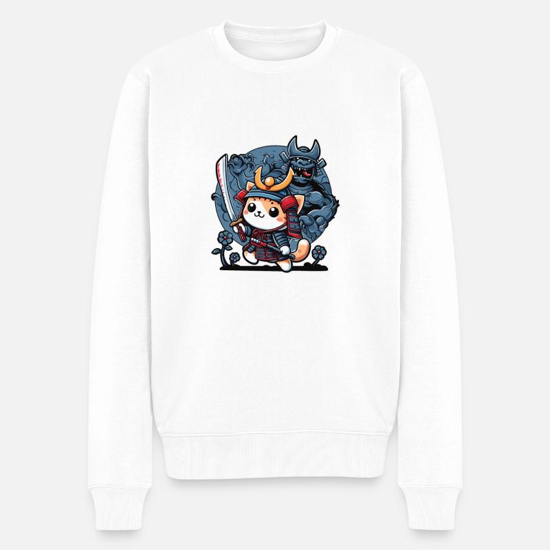 Samurai-Ninja-Katze und Monster dahinter - Männer Premium Bio Pullover - Weiß