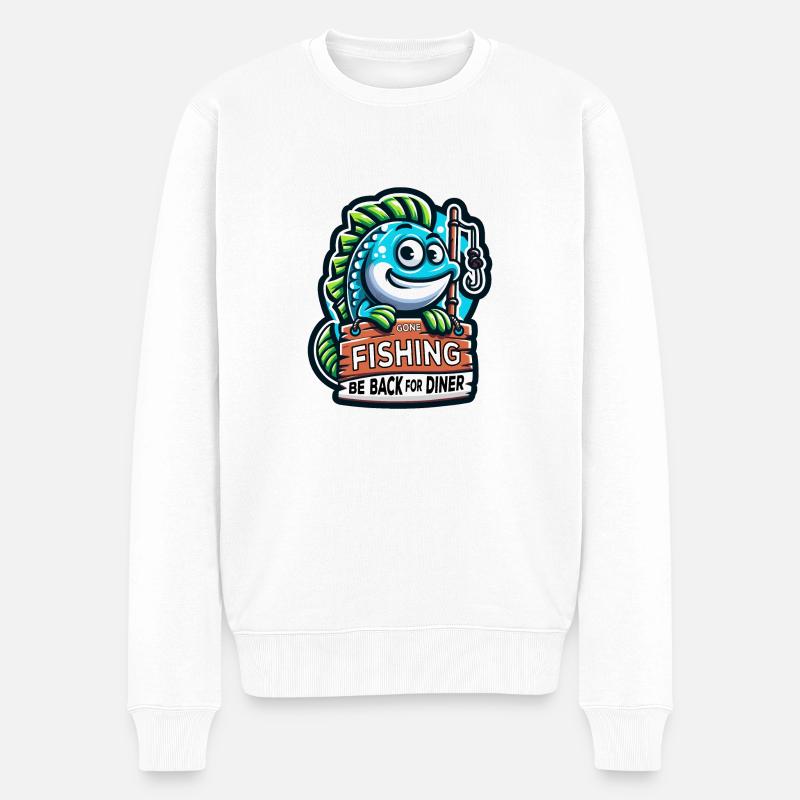 Allé à la pêche, conception de poisson de dessin animé humoristique - Pull Premium bio Homme - blanc