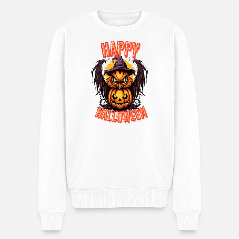 Gruseliger Halloween-Eulenspuk im Kürbisschimmer - Männer Premium Bio Pullover - Weiß