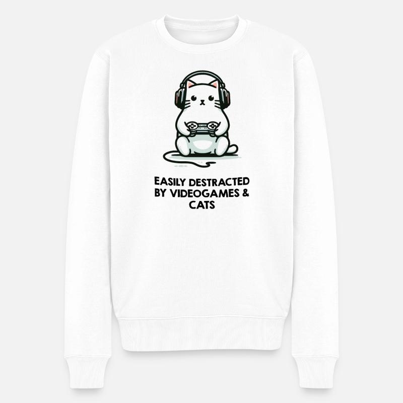 Katze und Videospiele: "Einfach abzulenken" - Männer Premium Bio Pullover - Weiß