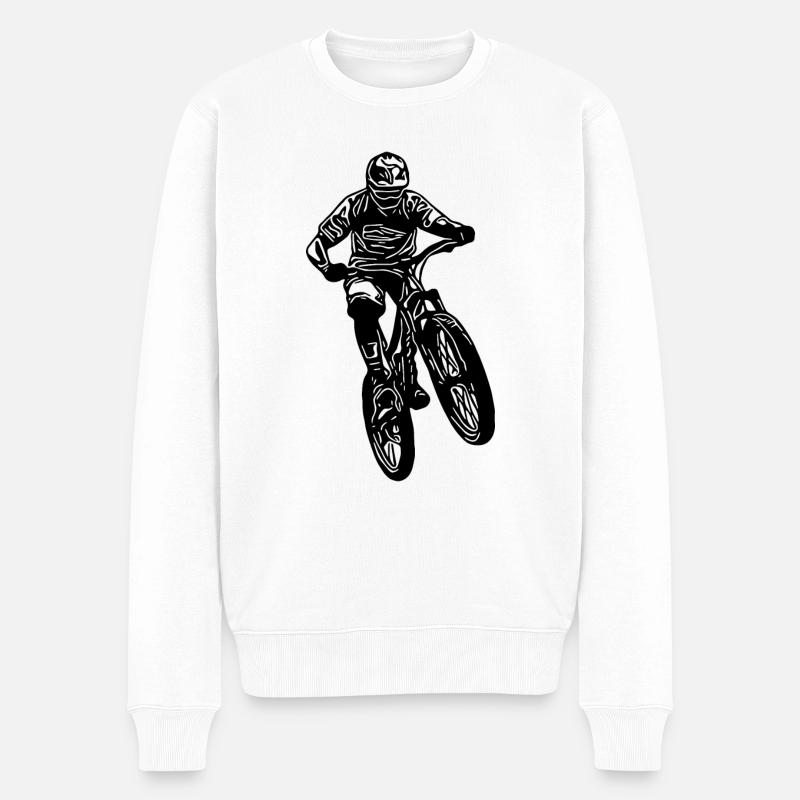 Mountainbiker springt mit Fahrrad - Männer Premium Bio Pullover - Weiß