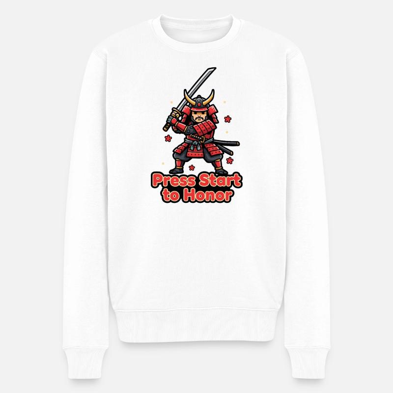 Retro Samurai Drück Start - Männer Premium Bio Pullover - Weiß