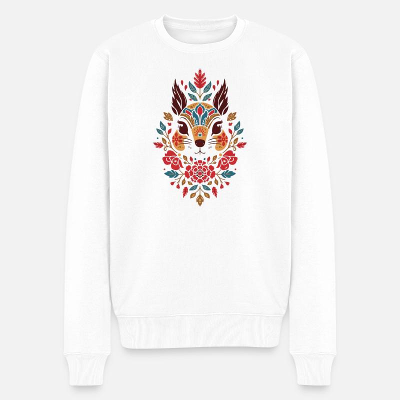 Blumen Eichhörnchen Kopf Folk-Art - Männer Premium Bio Pullover - Weiß