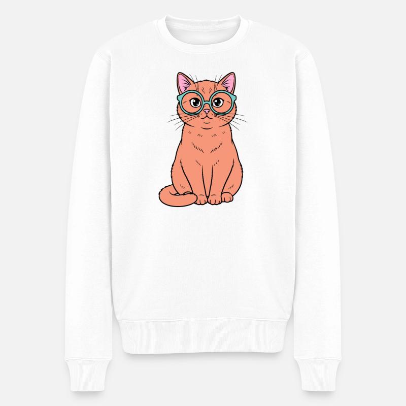 Chat roux aux lunettes turquoise - Pull Premium bio Homme - blanc