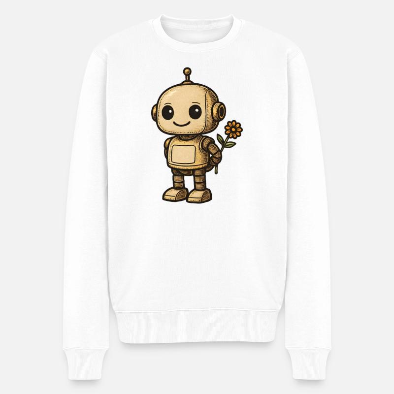 Retro-Roboter mit Blume - Männer Premium Bio Pullover - Weiß