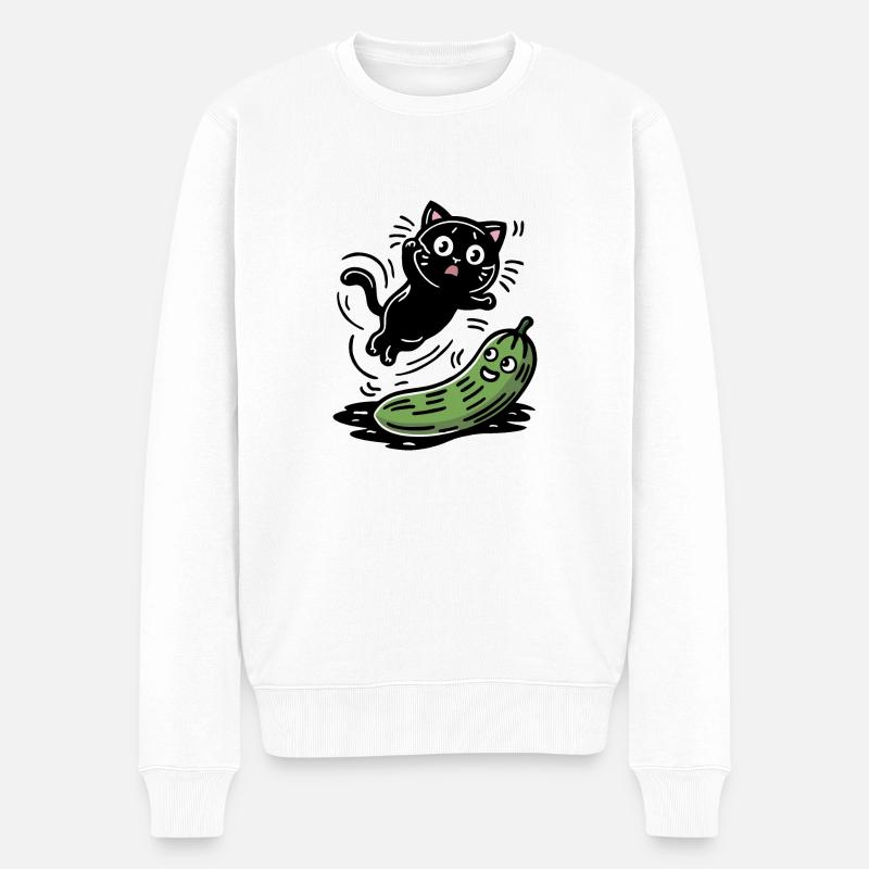 Verängstigte Katze und Gurke - Männer Premium Bio Pullover - Weiß